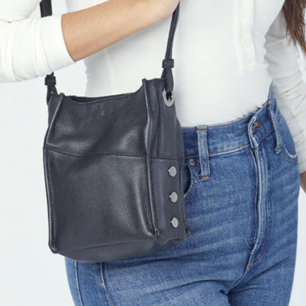 HAMMITT Double Strap Leather Davis Small Black Crossbody Shoulder Bag Silver